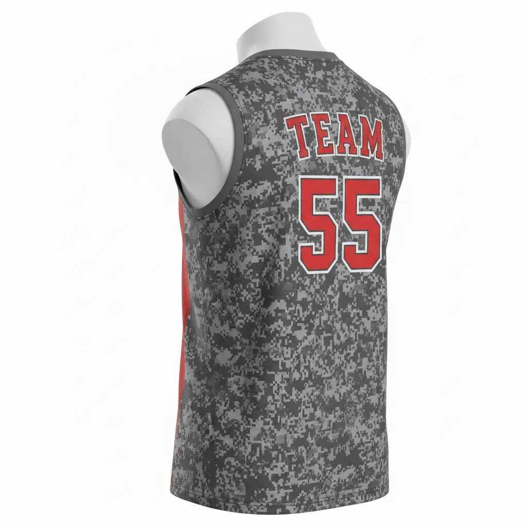 Custom Volleyball Sleeveless Jersey - Red, Grey - Athletic Camo Pattern - Back View - Kinexa Sportswear