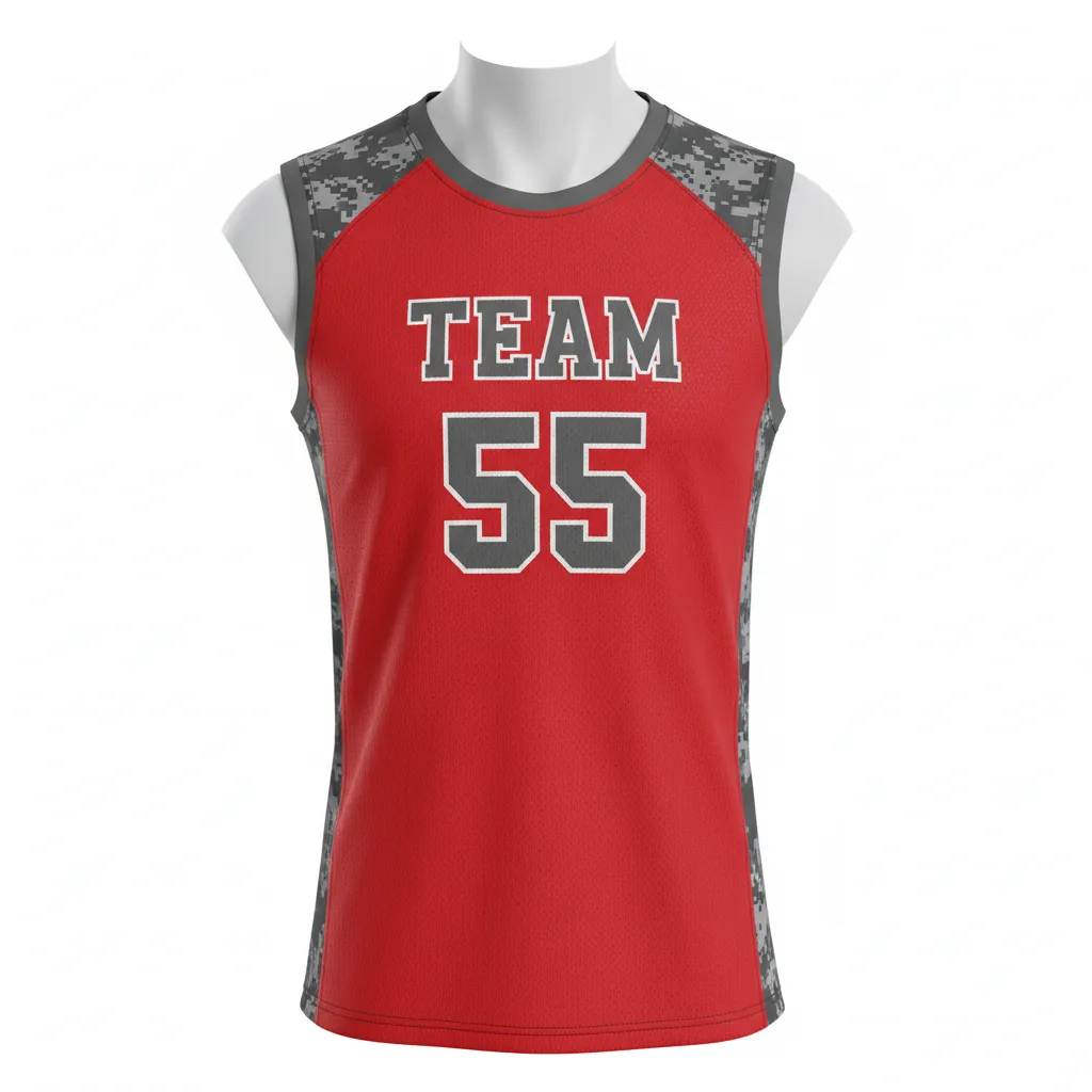 Custom Volleyball Sleeveless Jersey - Red, Grey - Athletic Camo Pattern - Front View - Kinexa Sportswear