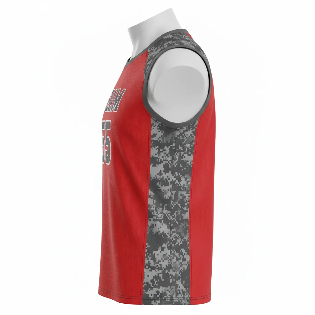 Custom Volleyball Sleeveless Jersey - Red, Grey - Athletic Camo Pattern - Side View - Kinexa Sportswear
