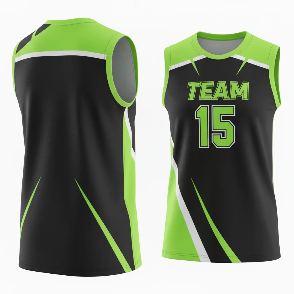 Custom Volleyball Sleeveless Jersey - Black, Green - Neon Wave Pattern - Back View - Kinexa Sportswear