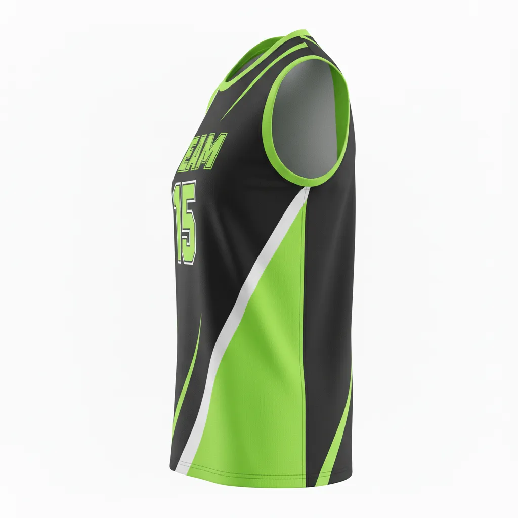 Custom Volleyball Sleeveless Jersey - Black, Green - Neon Wave Pattern - Side View - Kinexa Sportswear