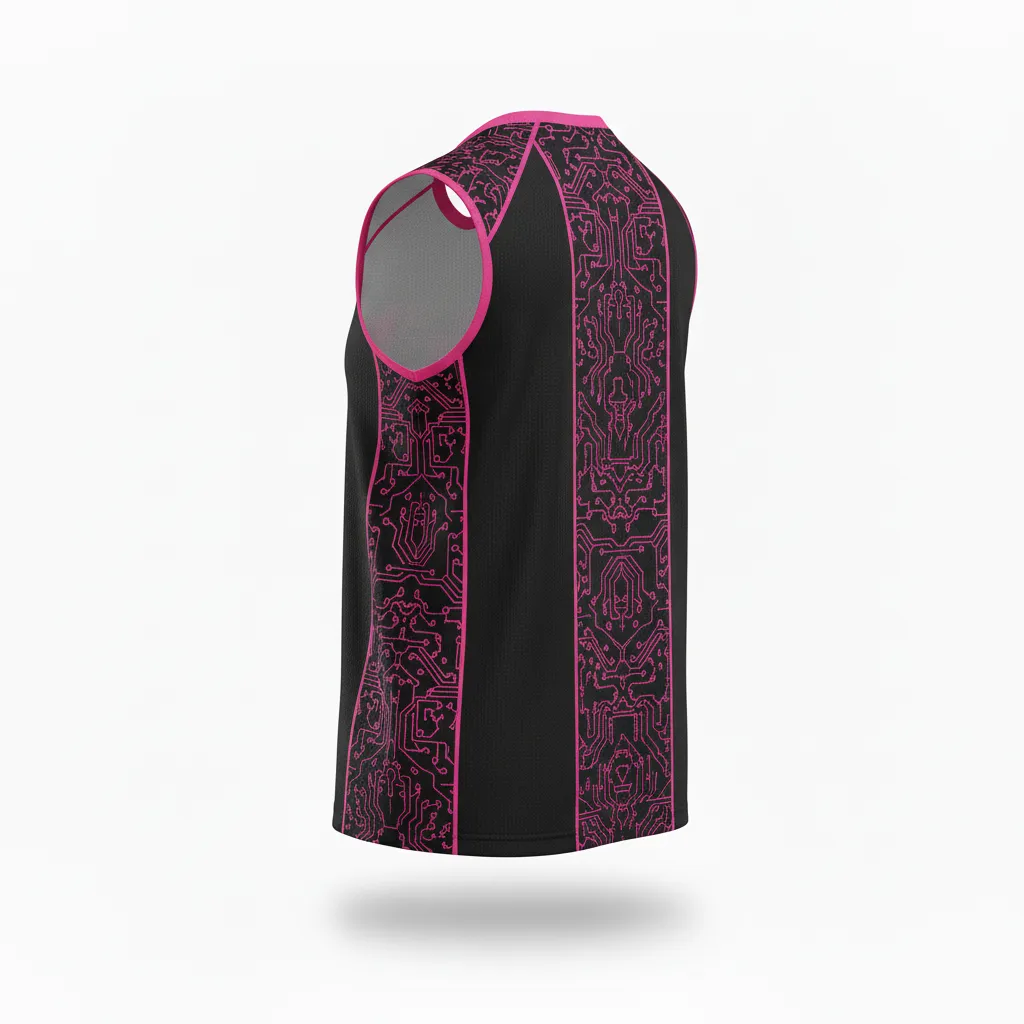 Custom Volleyball Sleeveless Jersey - Black, Pink - Neon Circuit Pattern - Back View - Kinexa Sportswear