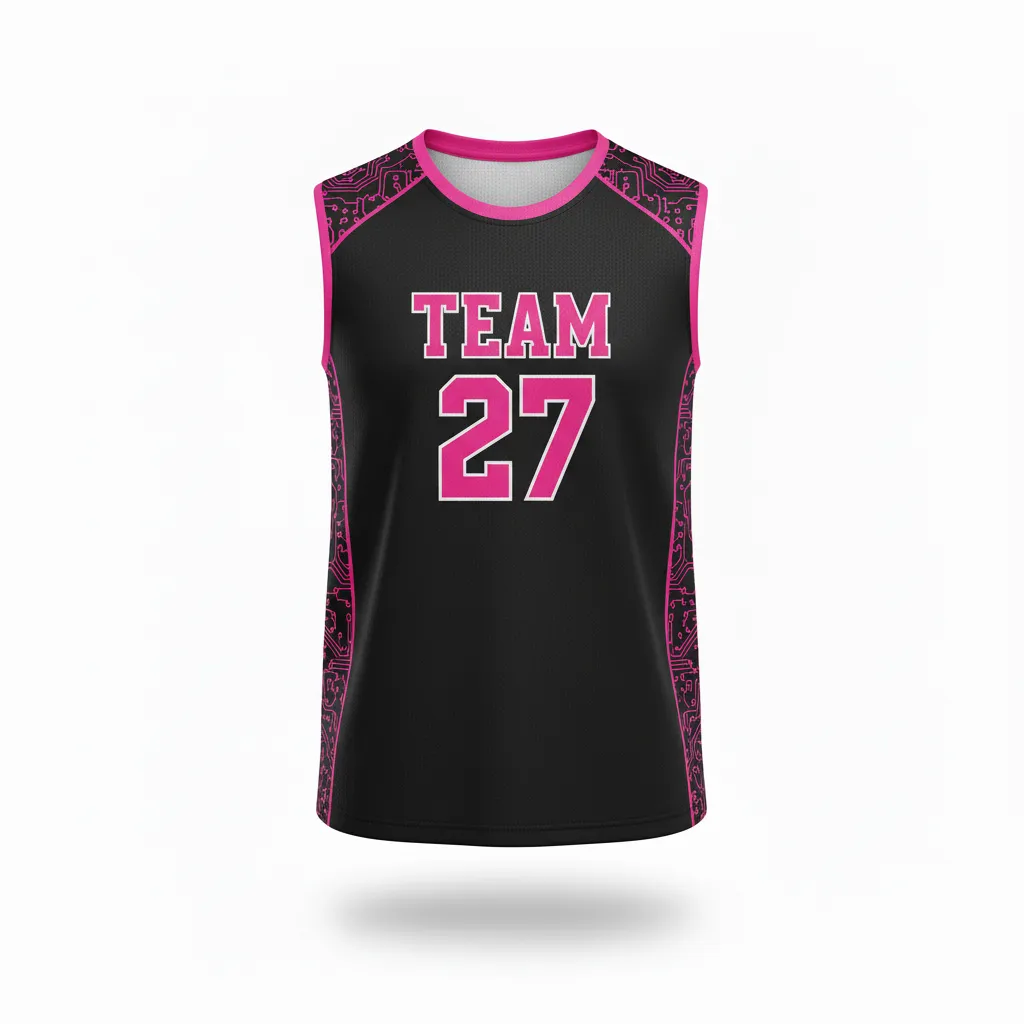 Custom Volleyball Sleeveless Jersey - Black, Pink - Neon Circuit Pattern - Front View - Kinexa Sportswear