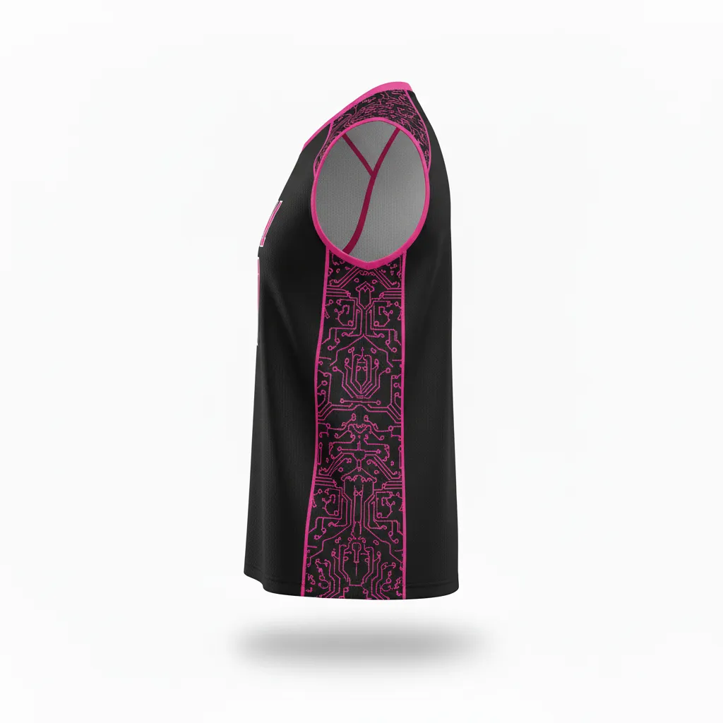 Custom Volleyball Sleeveless Jersey - Black, Pink - Neon Circuit Pattern - Side View - Kinexa Sportswear
