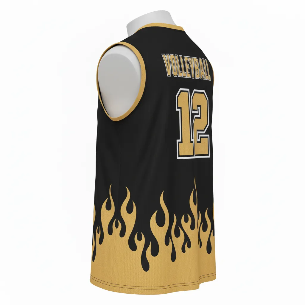 Custom Volleyball Sleeveless Jersey - Black, Gold - Vegas Flame Design - Back View - Kinexa Sportswear