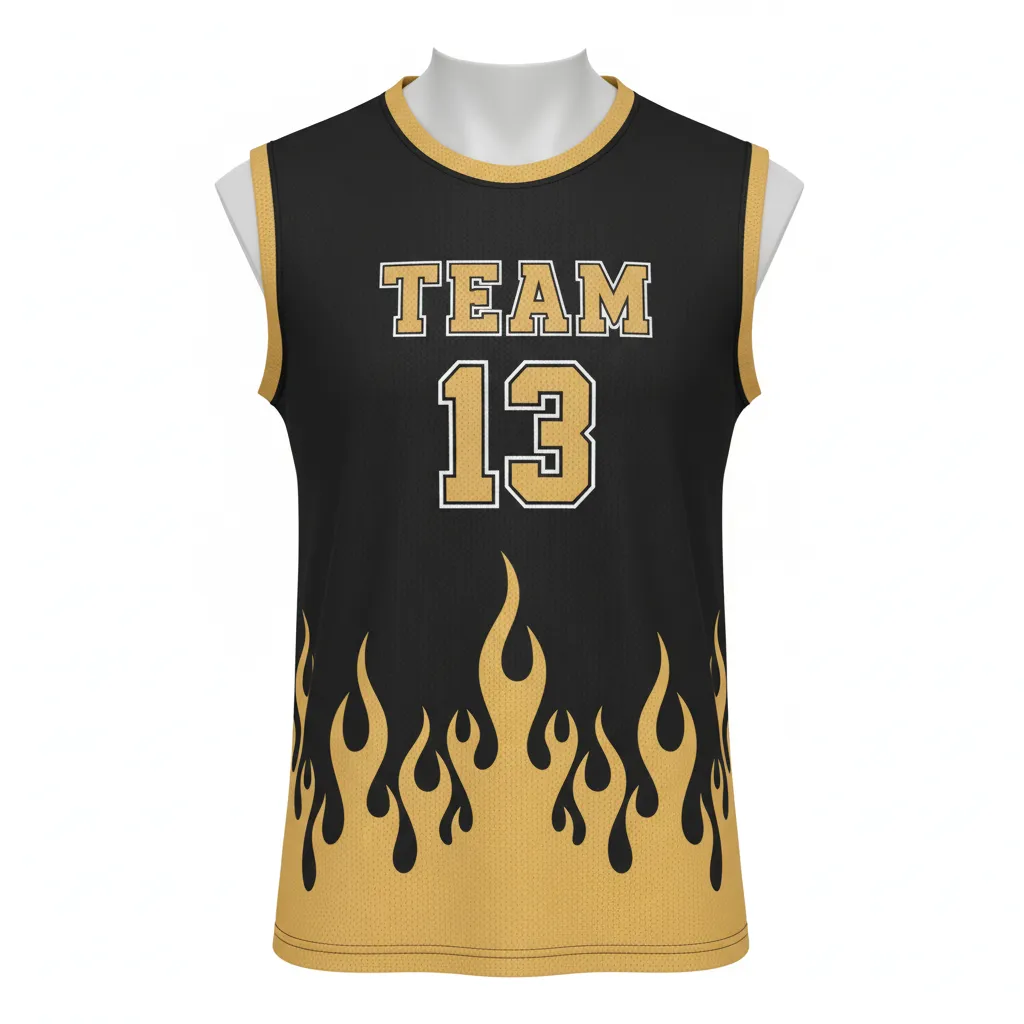 Custom Volleyball Sleeveless Jersey - Black, Gold - Vegas Flame Design - Front View - Kinexa Sportswear