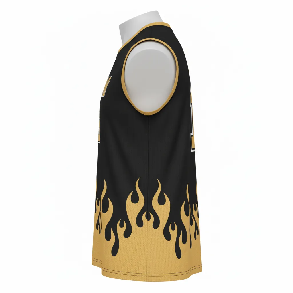 Custom Volleyball Sleeveless Jersey - Black, Gold - Vegas Flame Design - Side View - Kinexa Sportswear
