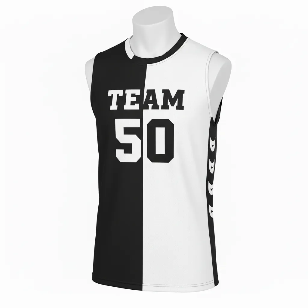Custom Volleyball Sleeveless Jersey - Black, White - Half And Half - Front View - Kinexa Sportswear