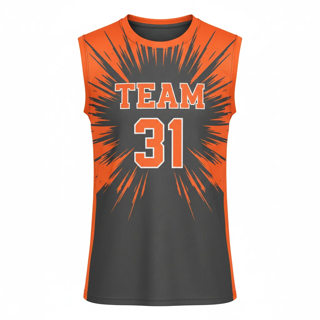 Custom Volleyball Sleeveless Jersey - Grey, Orange - Charcoal Neon Burst - Front View - Kinexa Sportswear