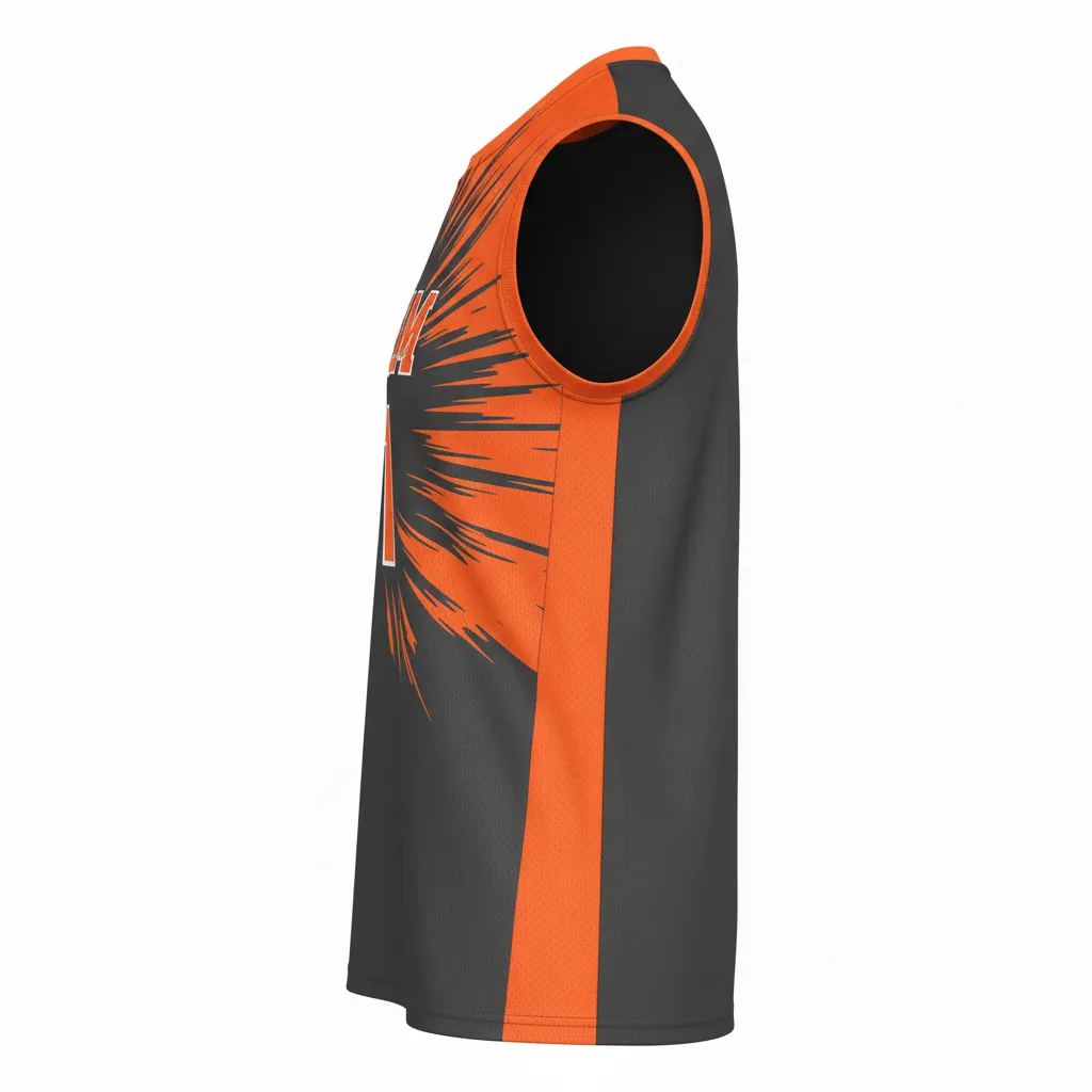 Custom Volleyball Sleeveless Jersey - Grey, Orange - Charcoal Neon Burst - Side View - Kinexa Sportswear