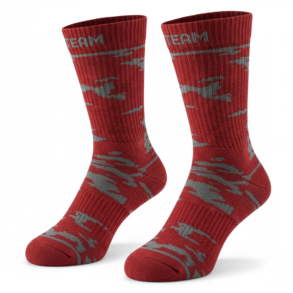 Custom Volleyball Socks - Red, Grey - Athletic Camo Pattern - Front View - Kinexa Sportswear