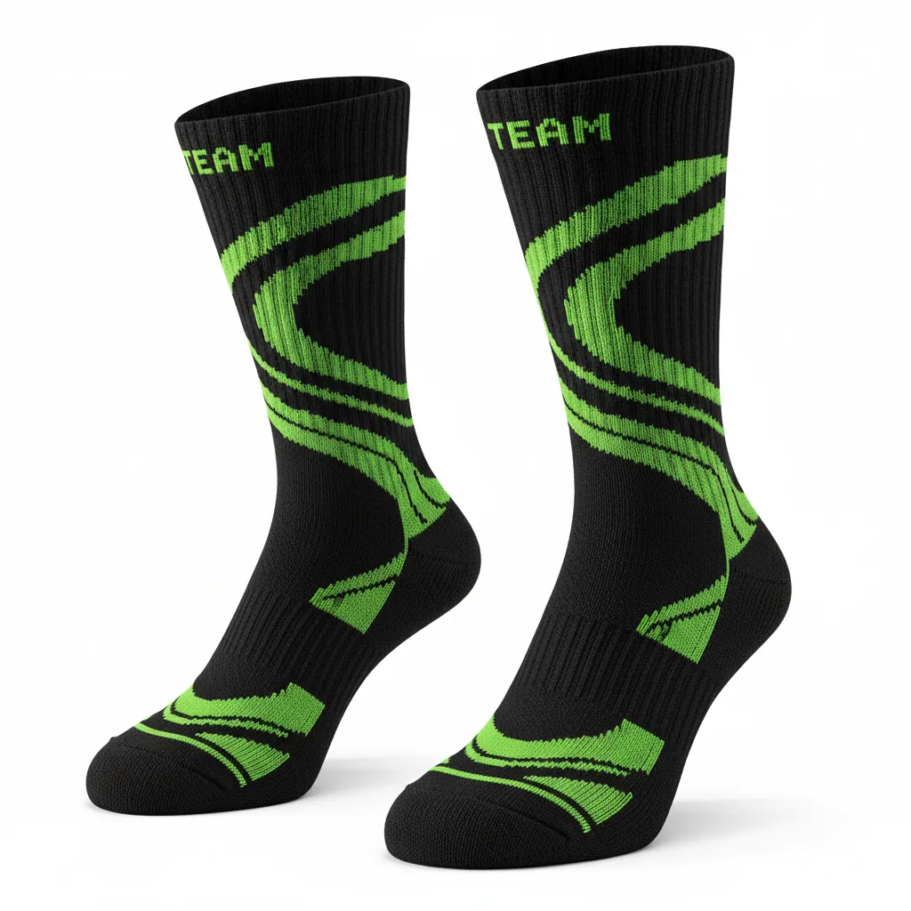 Custom Volleyball Socks - Black, Green - Neon Wave Pattern - Front View - Kinexa Sportswear