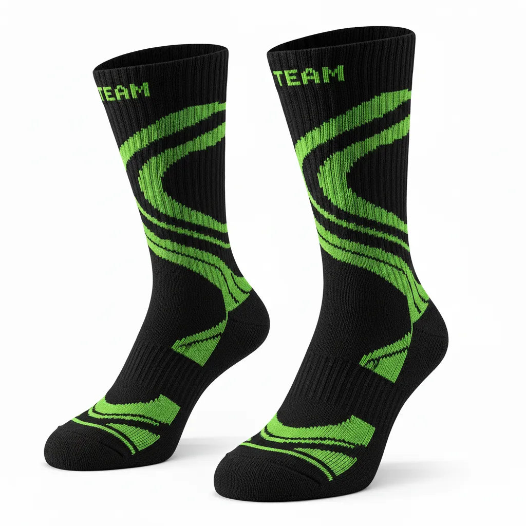 Custom Volleyball Socks - Black, Green - Neon Wave Pattern - Side View - Kinexa Sportswear