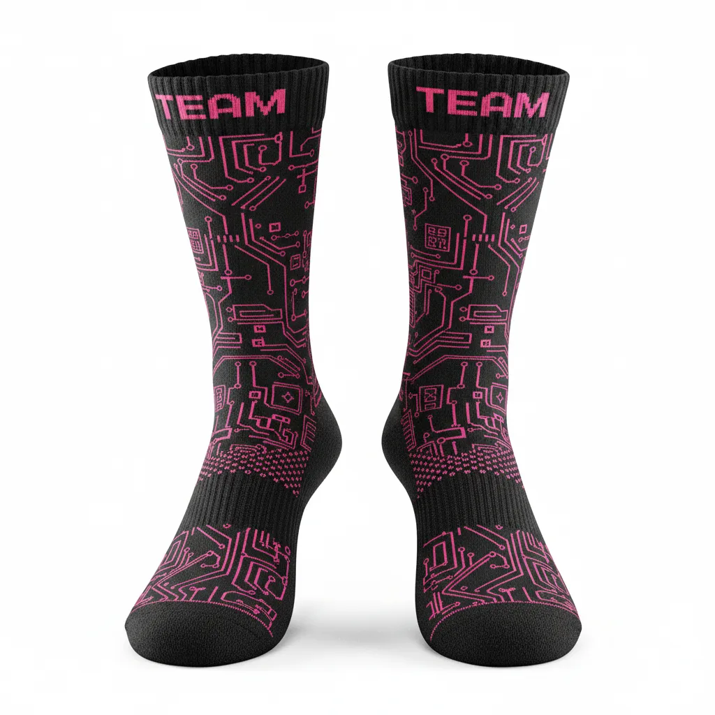 Custom Volleyball Socks - Black, Pink - Neon Circuit Pattern - Front View - Kinexa Sportswear