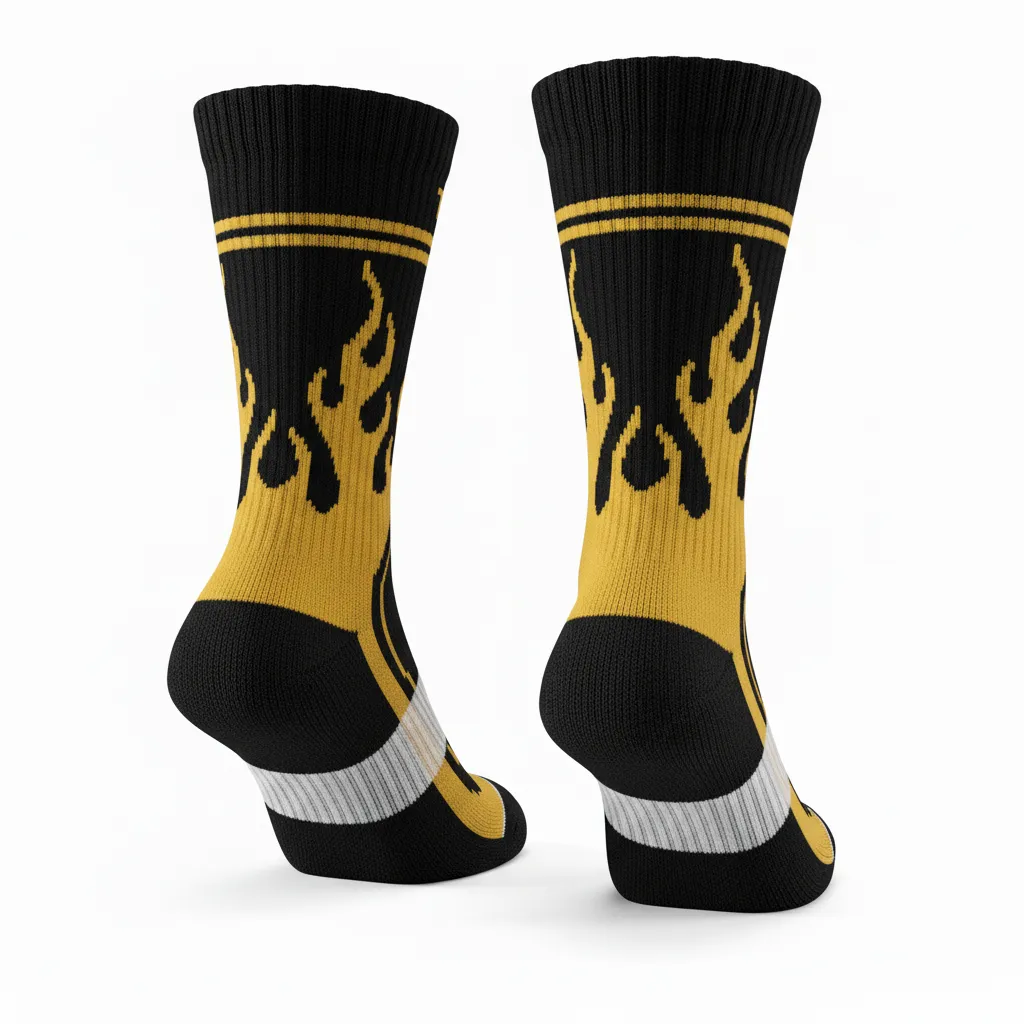 Custom Volleyball Socks - Black, Gold - Vegas Flame Design - Back View - Kinexa Sportswear