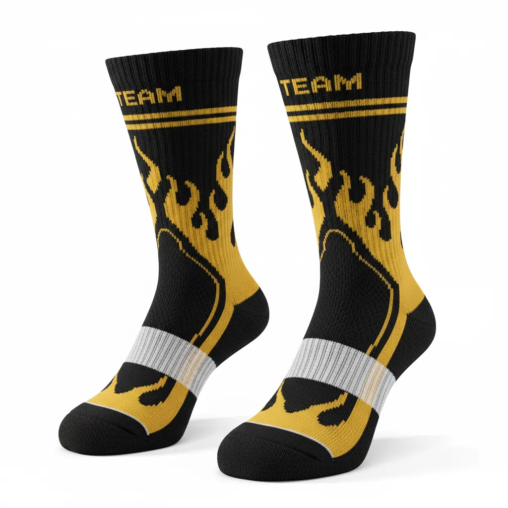 Custom Volleyball Socks - Black, Gold - Vegas Flame Design - Front View - Kinexa Sportswear