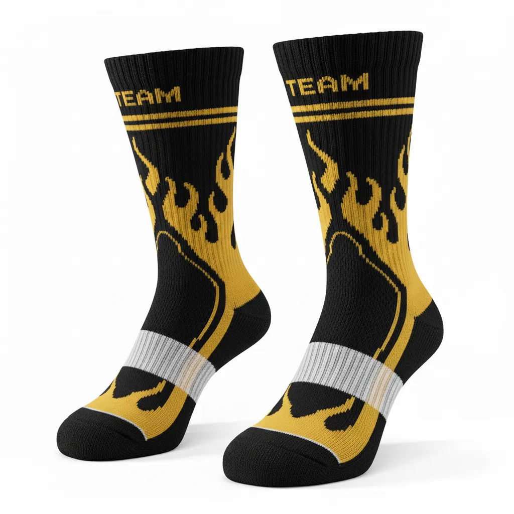 Custom Volleyball Socks - Black, Gold - Vegas Flame Design - Side View - Kinexa Sportswear