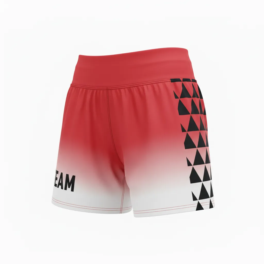Custom Volleyball Volleyball Competition Shorts - Red, Black - Athletic Geometric Triangles - Front View - Kinexa Sportswear