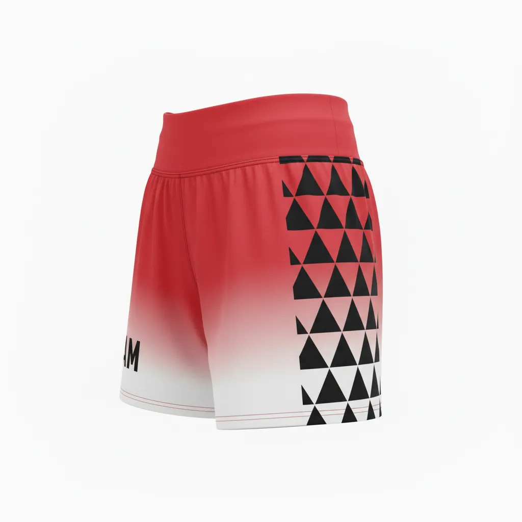 Custom Volleyball Volleyball Competition Shorts - Red, Black - Athletic Geometric Triangles - Side View - Kinexa Sportswear