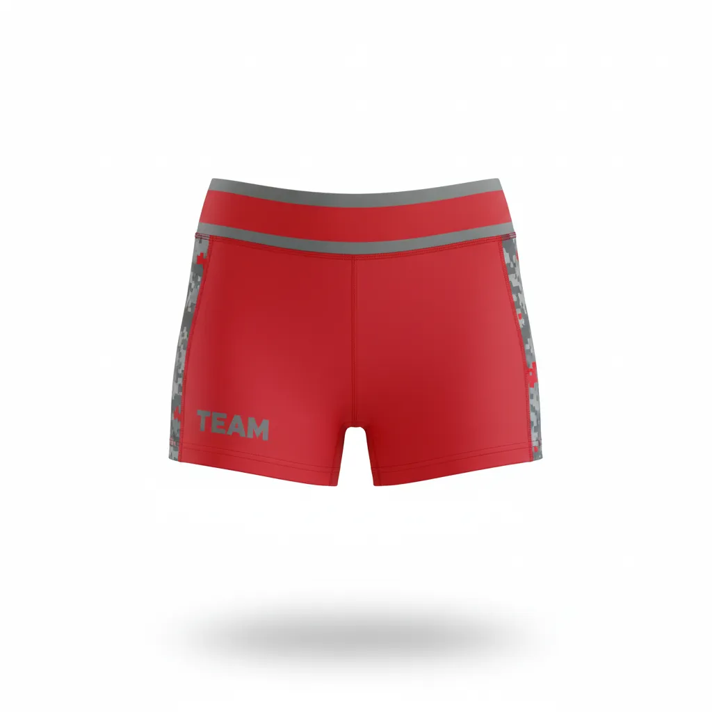 Custom Volleyball Volleyball Competition Shorts - Red, Grey - Athletic Camo Pattern - Front View - Kinexa Sportswear