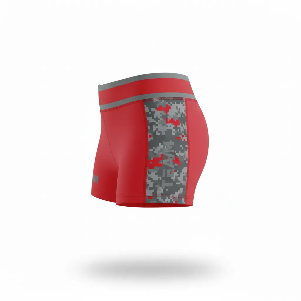 Custom Volleyball Volleyball Competition Shorts - Red, Grey - Athletic Camo Pattern - Side View - Kinexa Sportswear