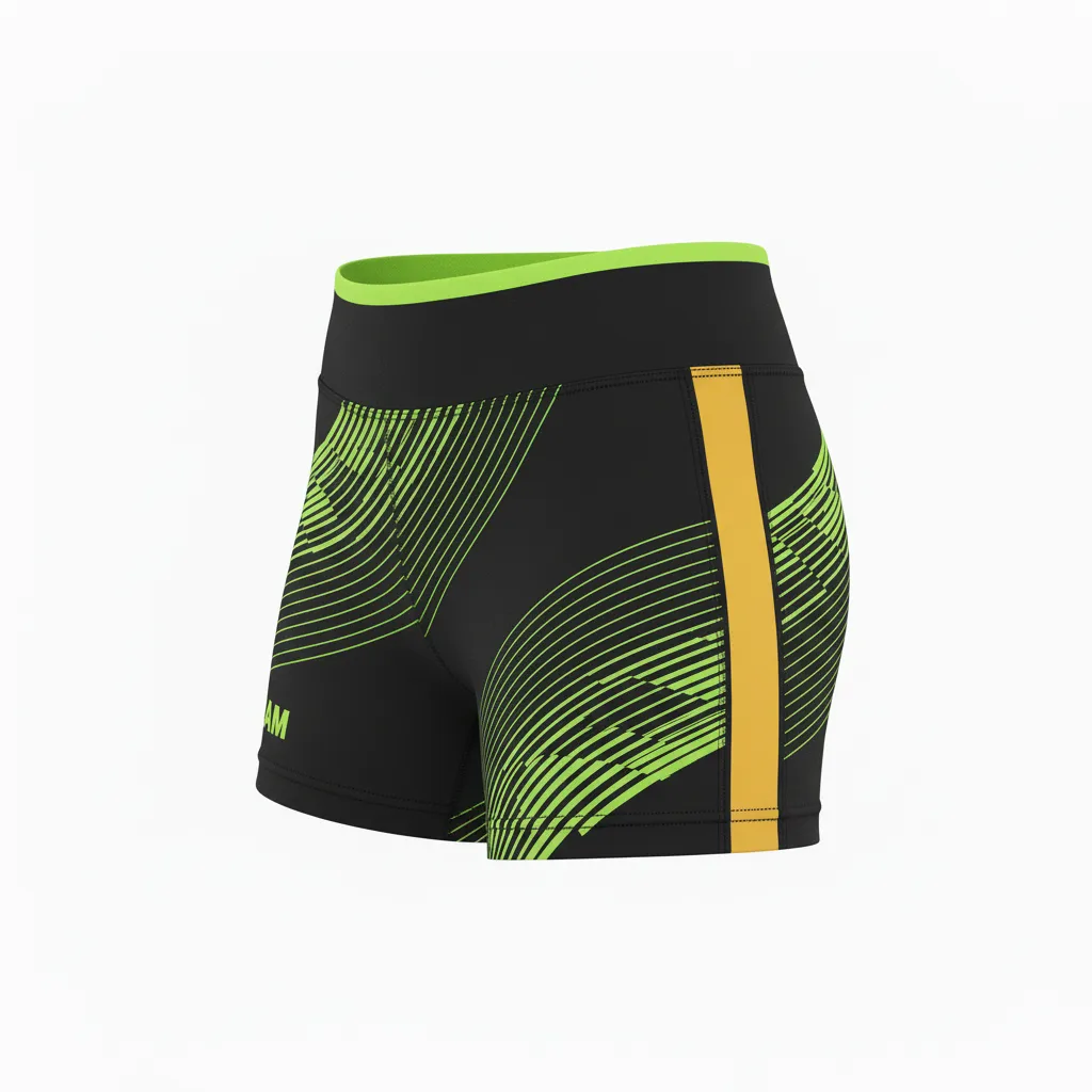 Custom Volleyball Volleyball Competition Shorts - Black, Green - Neon Wave Pattern - Side View - Kinexa Sportswear