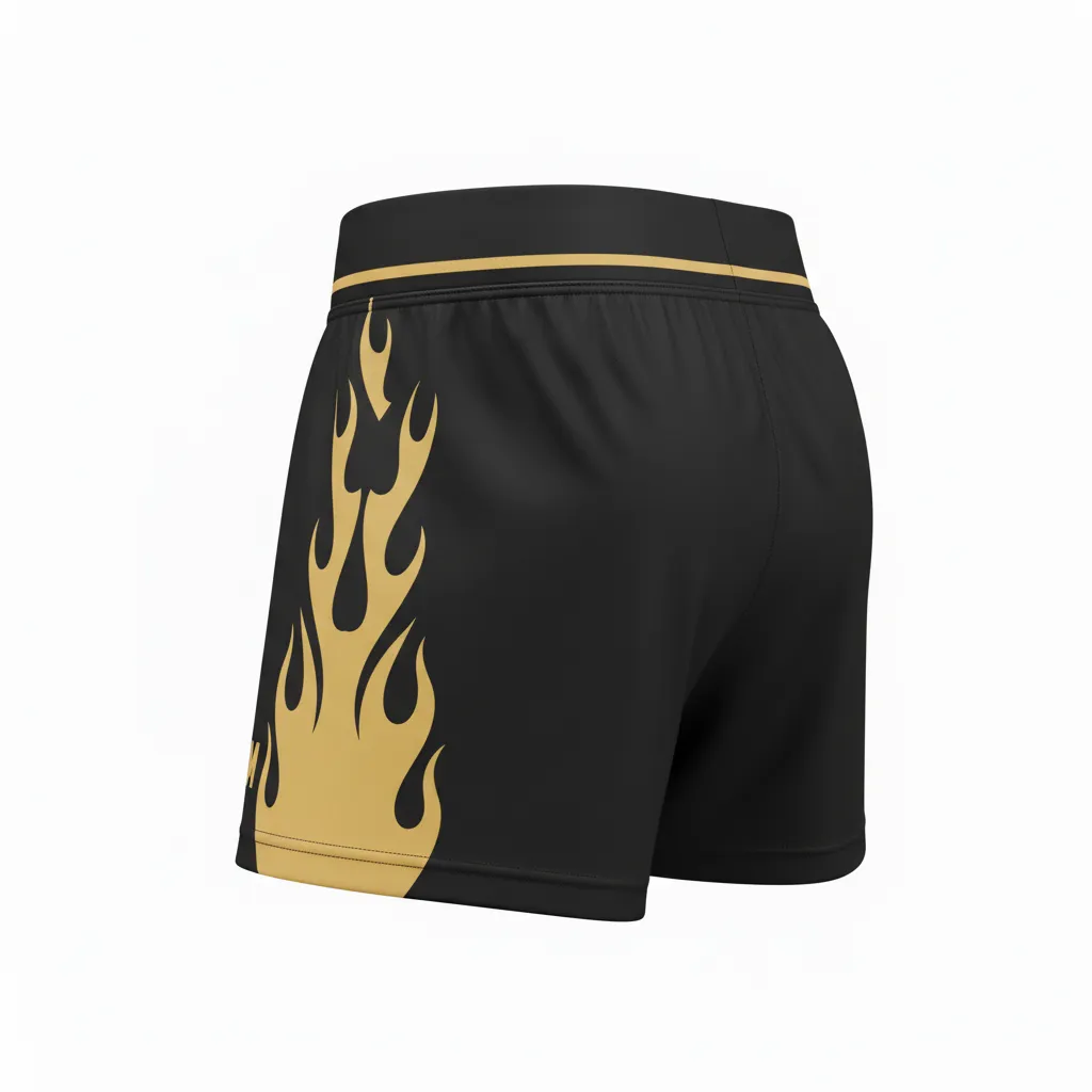 Custom Volleyball Volleyball Competition Shorts - Black, Gold - Vegas Flame Design - Back View - Kinexa Sportswear