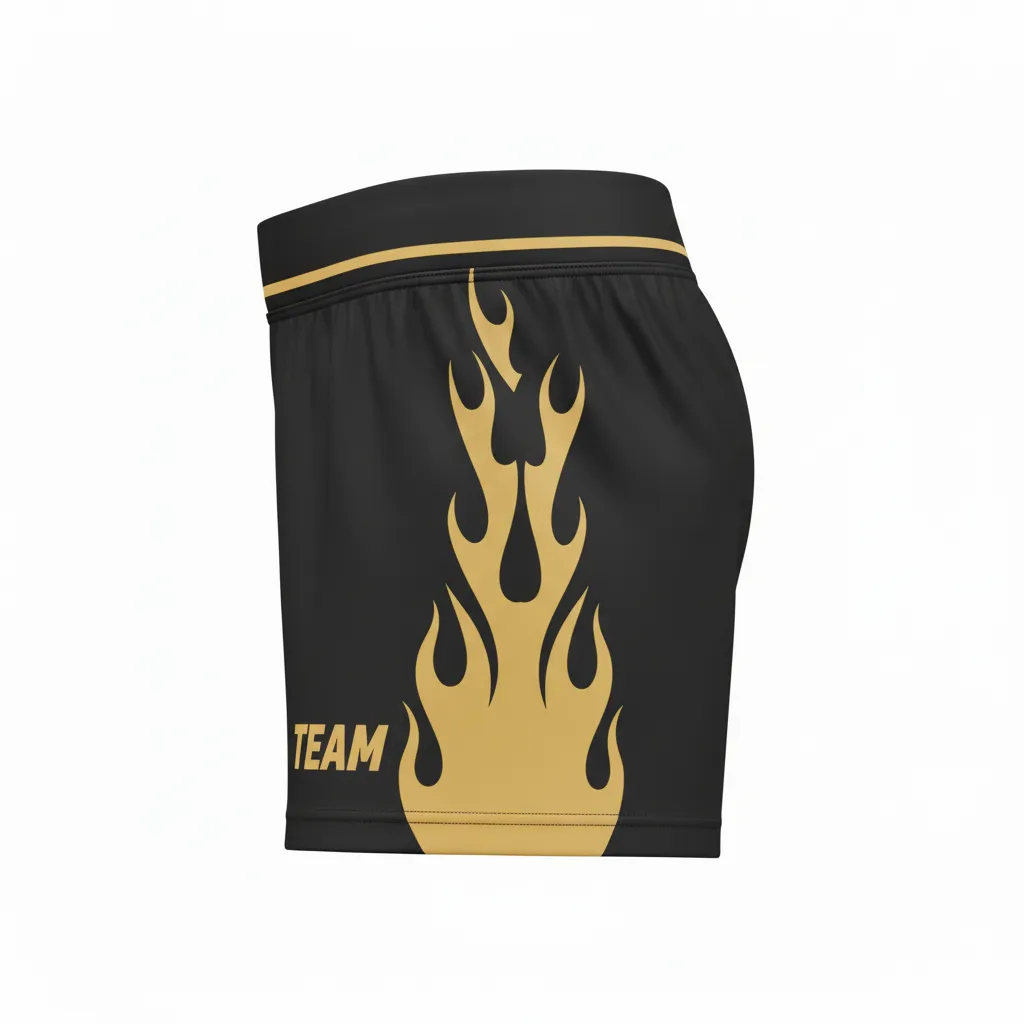 Custom Volleyball Volleyball Competition Shorts - Black, Gold - Vegas Flame Design - Side View - Kinexa Sportswear