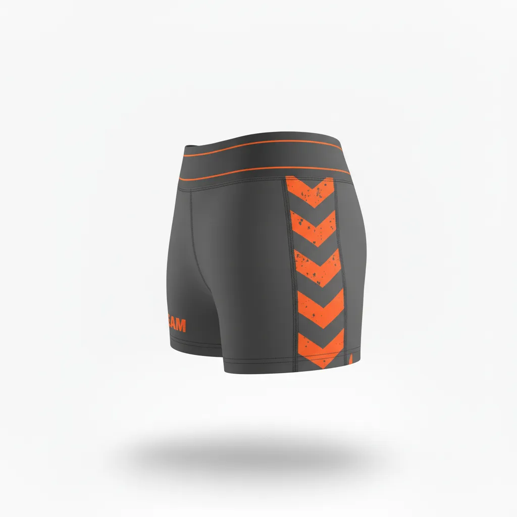 Custom Volleyball Volleyball Competition Shorts - Grey, Orange - Charcoal Neon Burst - Side View - Kinexa Sportswear