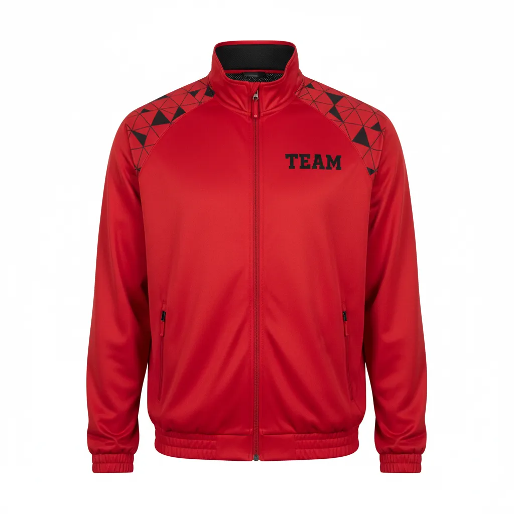 Custom Volleyball Warm Up Jacket - Red, Black - Athletic Geometric Triangles - Front View - Kinexa Sportswear