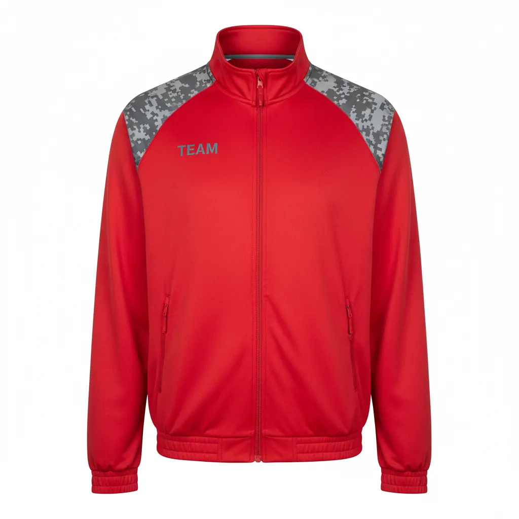 Custom Volleyball Warm Up Jacket - Red, Grey - Athletic Camo Pattern - Front View - Kinexa Sportswear