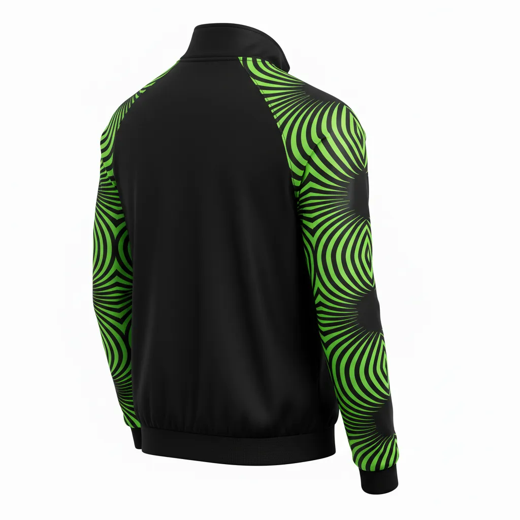 Custom Volleyball Warm Up Jacket - Black, Green - Neon Wave Pattern - Back View - Kinexa Sportswear