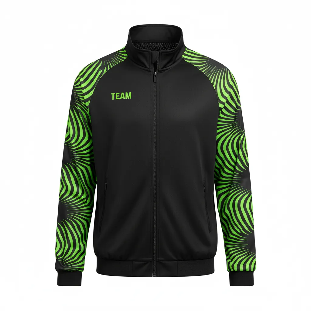 Custom Volleyball Warm Up Jacket - Black, Green - Neon Wave Pattern - Front View - Kinexa Sportswear