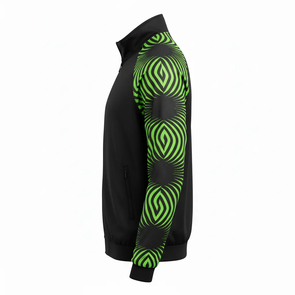Custom Volleyball Warm Up Jacket - Black, Green - Neon Wave Pattern - Side View - Kinexa Sportswear