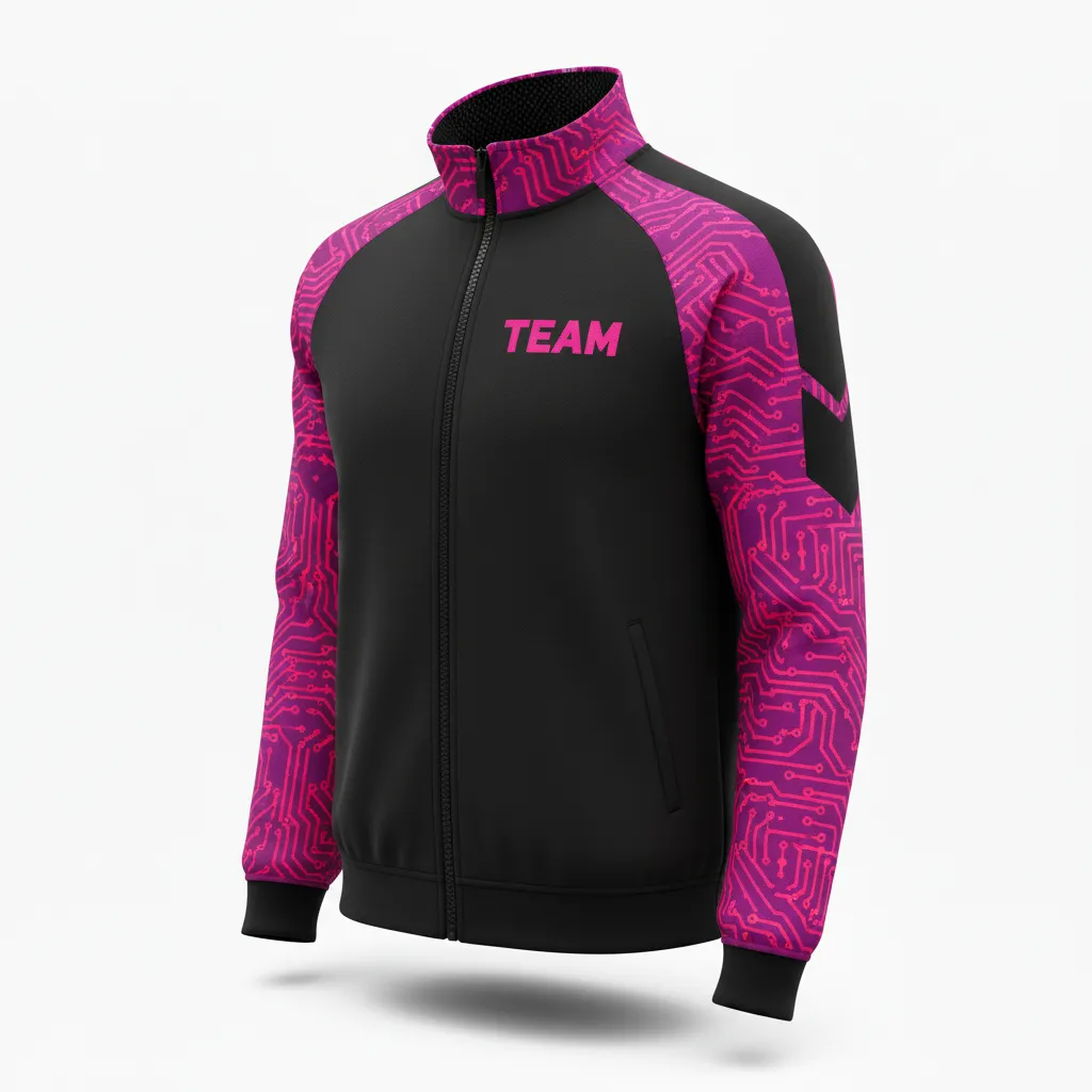 Custom Volleyball Warm Up Jacket - Black, Pink - Neon Circuit Pattern - Front View - Kinexa Sportswear