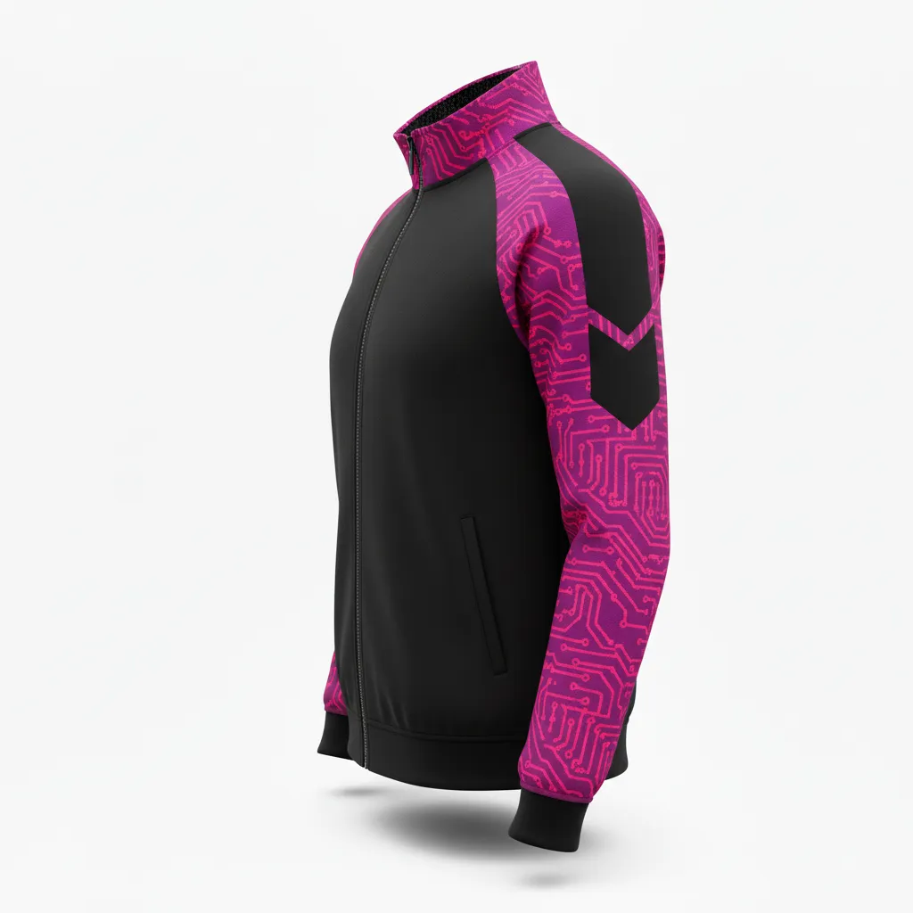 Custom Volleyball Warm Up Jacket - Black, Pink - Neon Circuit Pattern - Side View - Kinexa Sportswear