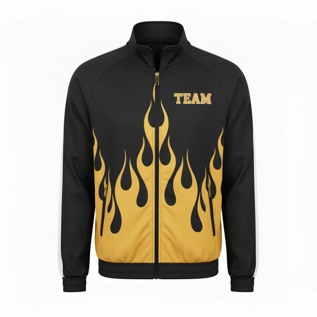 Custom Volleyball Warm Up Jacket - Black, Gold - Vegas Flame Design - Front View - Kinexa Sportswear