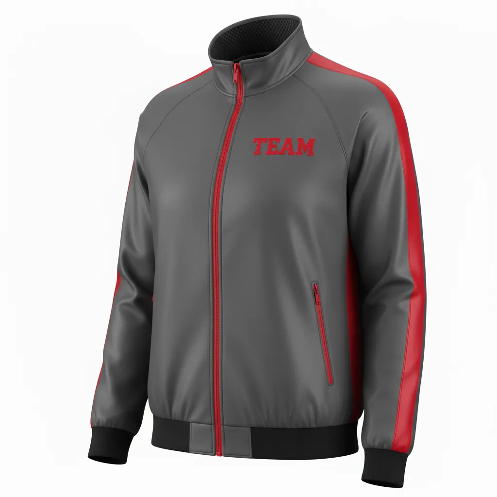 Custom Volleyball Warm Up Jacket - Grey, Red - Charcoal Athletic Side Stripe - Front View - Kinexa Sportswear