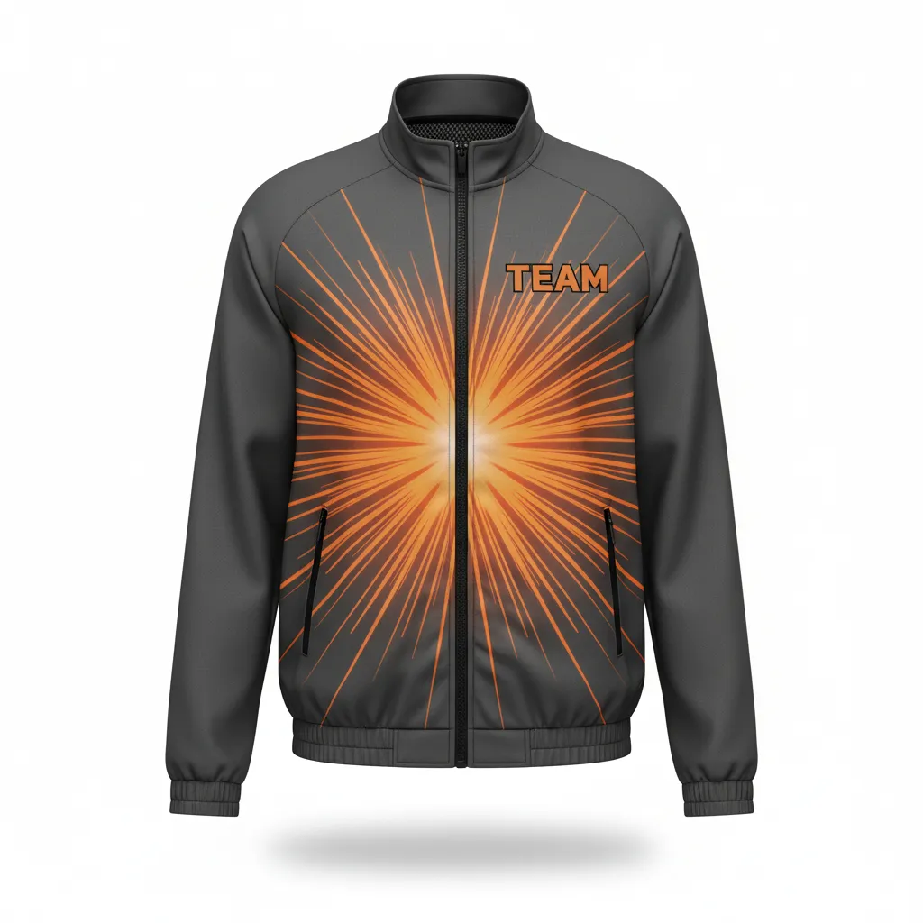 Custom Volleyball Warm Up Jacket - Grey, Orange - Charcoal Neon Burst - Front View - Kinexa Sportswear