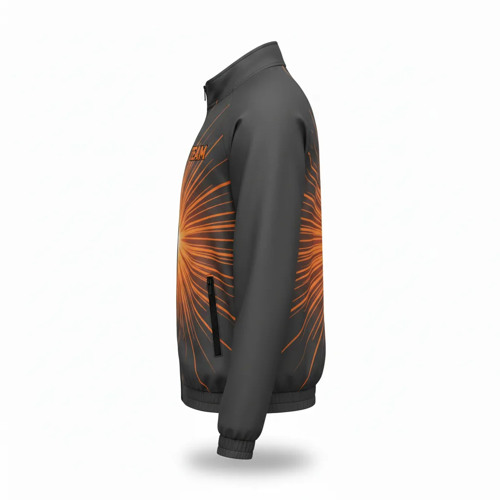 Custom Volleyball Warm Up Jacket - Grey, Orange - Charcoal Neon Burst - Side View - Kinexa Sportswear