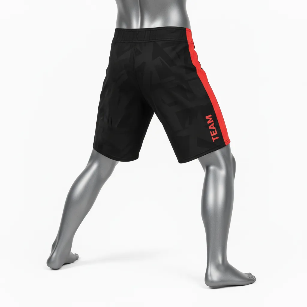 Custom Wrestling Board Style Fight Shorts - Black, Red - Panel - Back View - Kinexa Sportswear