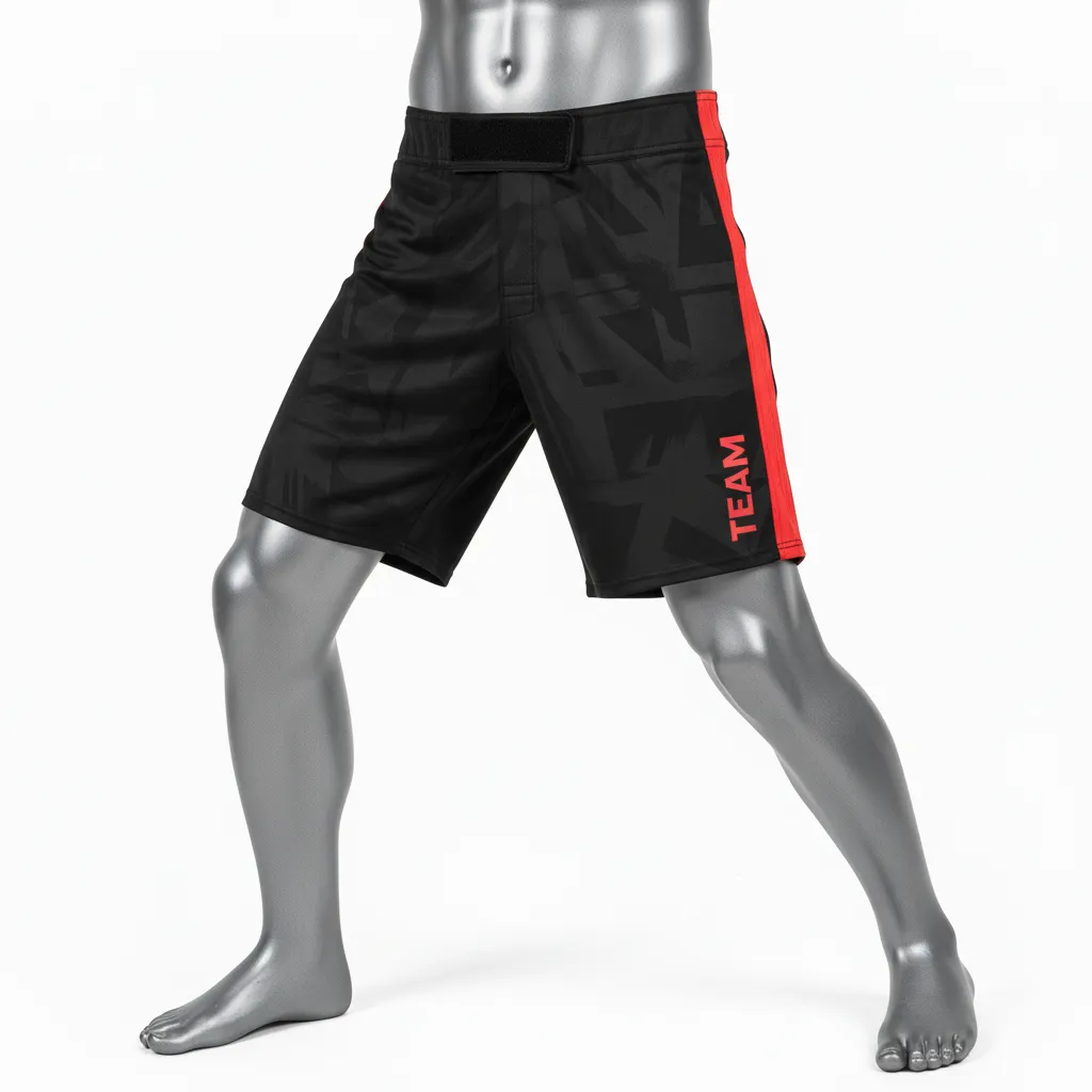 Custom Wrestling Board Style Fight Shorts - Black, Red - Panel - Front View - Kinexa Sportswear