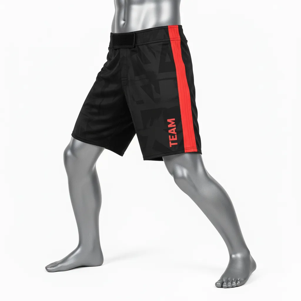 Custom Wrestling Board Style Fight Shorts - Black, Red - Panel - Side View - Kinexa Sportswear