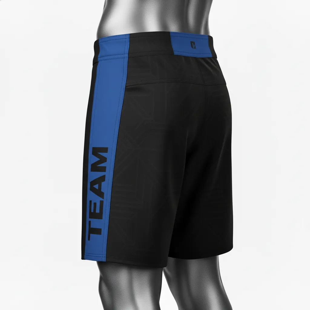 Custom Wrestling Board Style Fight Shorts - Black - Royal Panel - Side View - Kinexa Sportswear