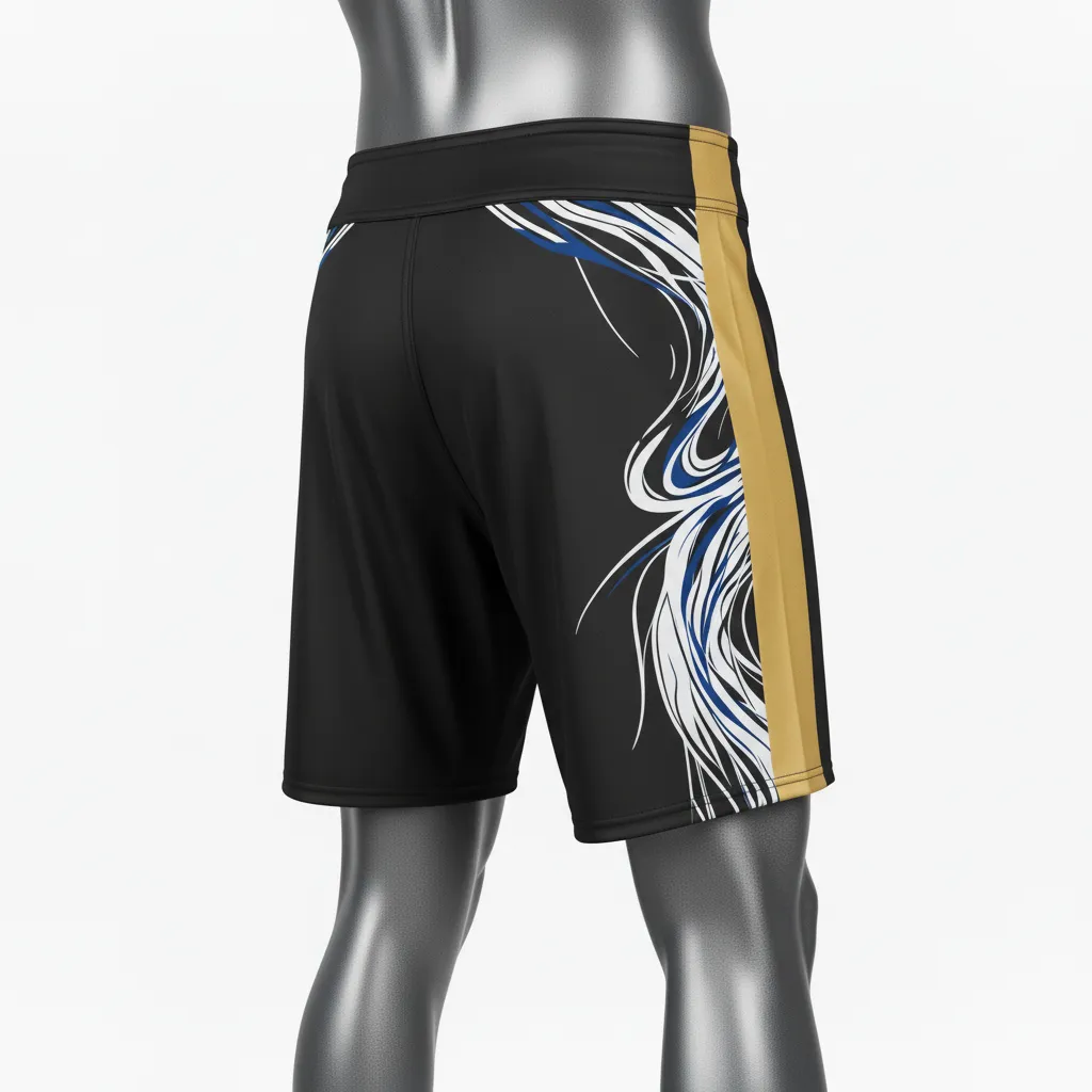 Custom Wrestling Board Style Fight Shorts - Black, Gold - Vegas Stripe - Back View - Kinexa Sportswear