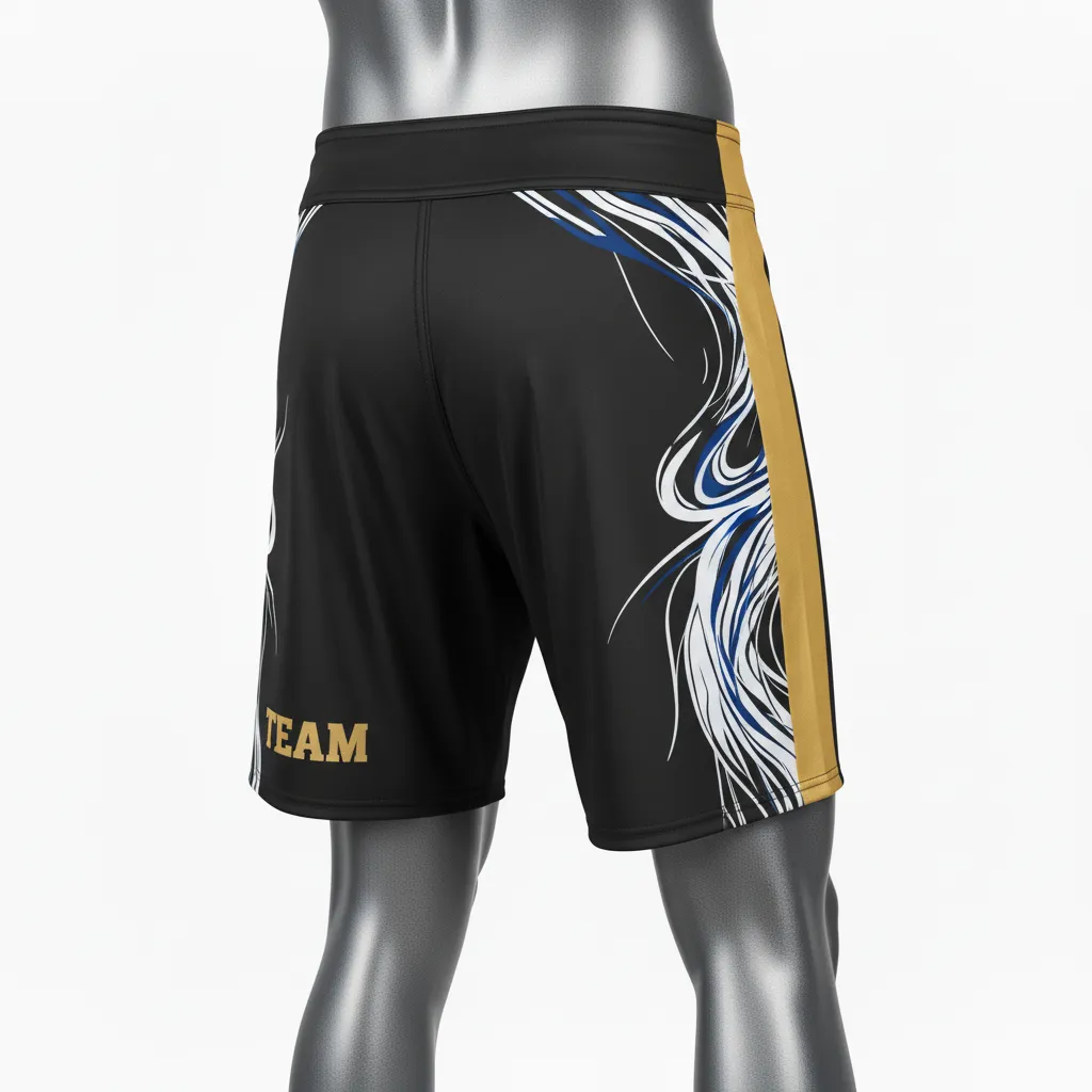 Custom Wrestling Board Style Fight Shorts - Black, Gold - Vegas Stripe - Front View - Kinexa Sportswear
