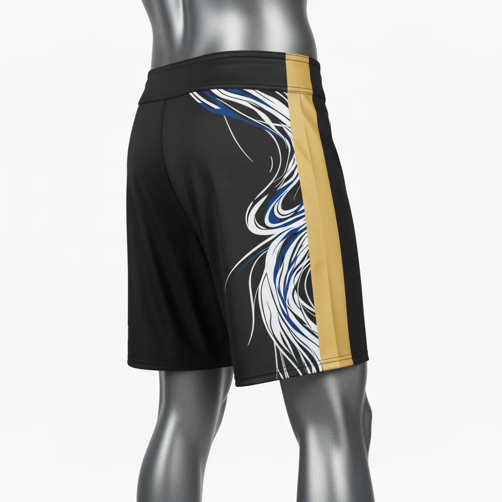 Custom Wrestling Board Style Fight Shorts - Black, Gold - Vegas Stripe - Side View - Kinexa Sportswear
