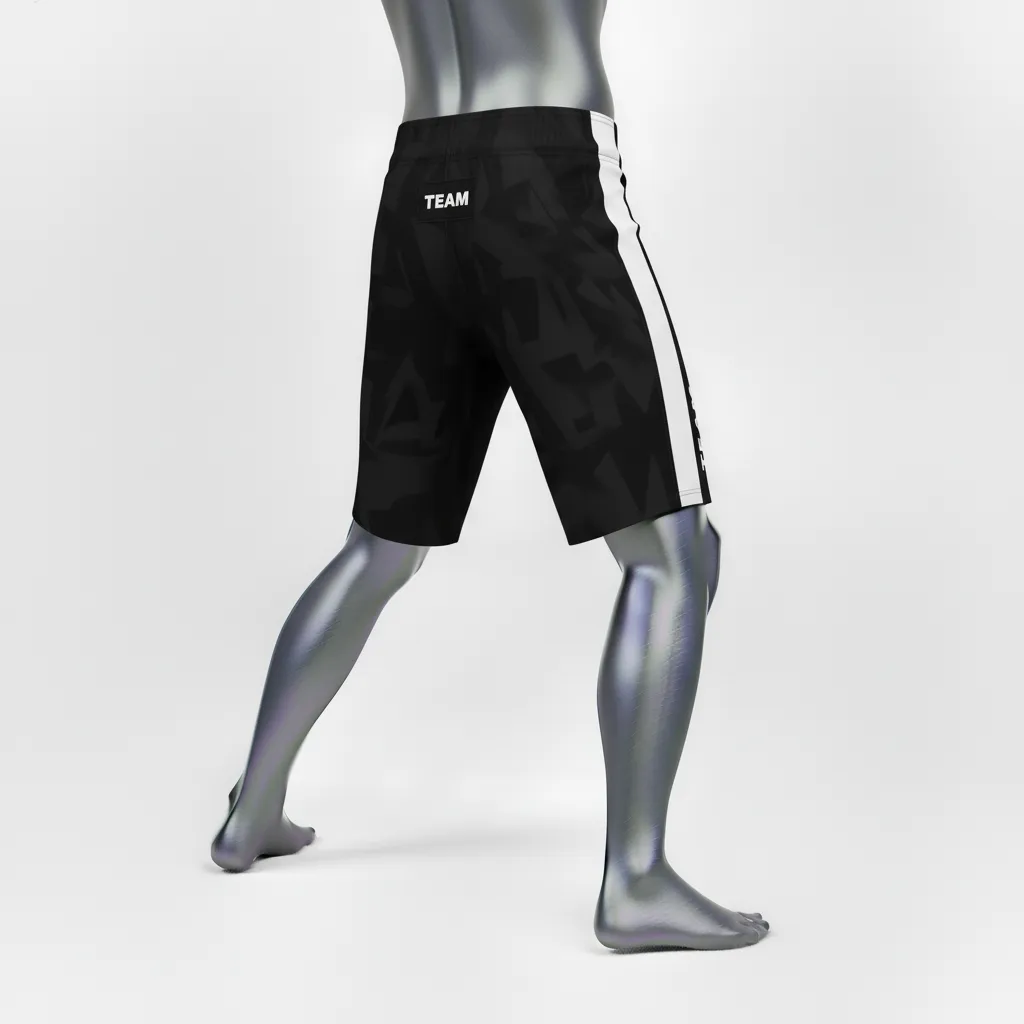 Custom Wrestling Board Style Fight Shorts - Black, White - Panel - Back View - Kinexa Sportswear