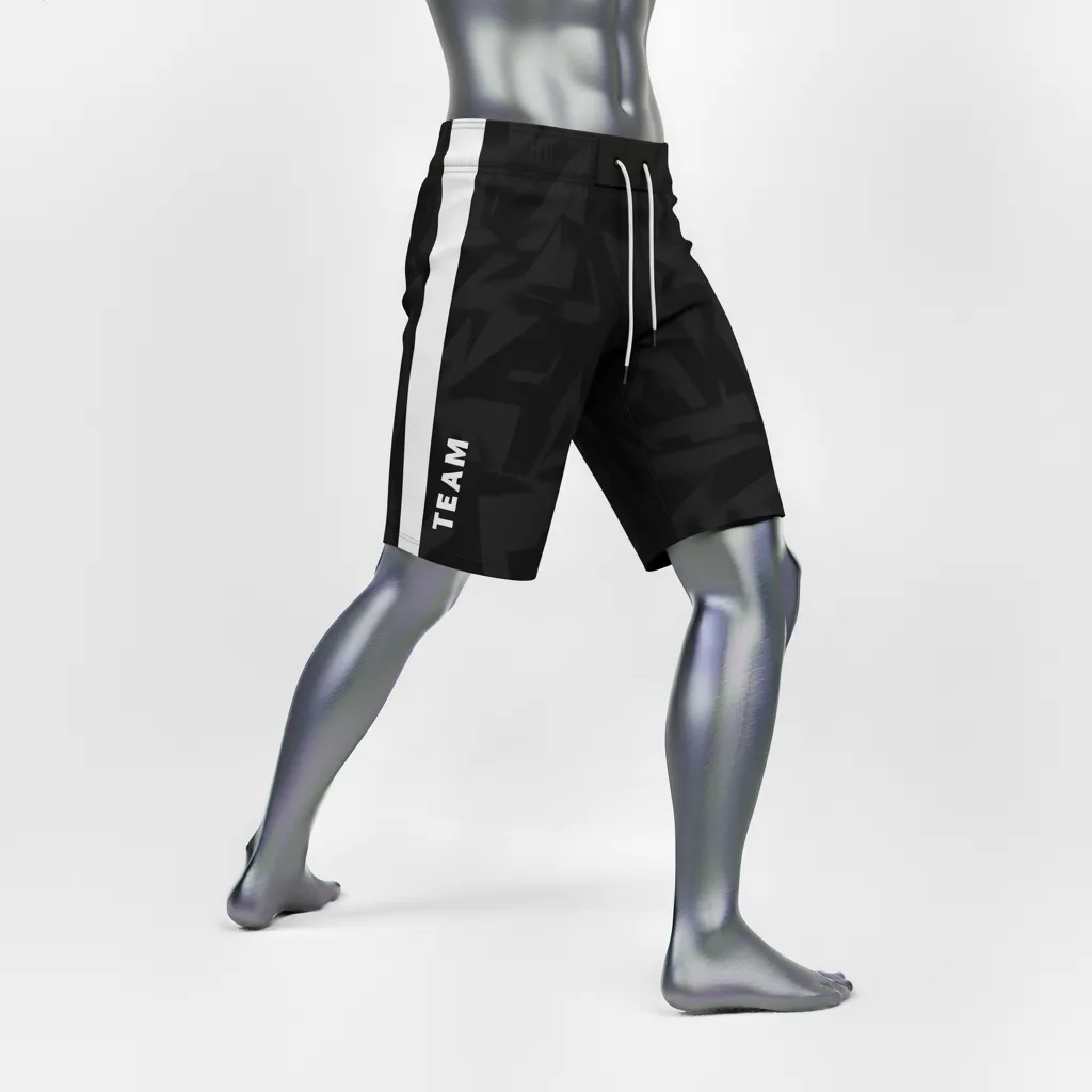 Custom Wrestling Board Style Fight Shorts - Black, White - Panel - Front View - Kinexa Sportswear