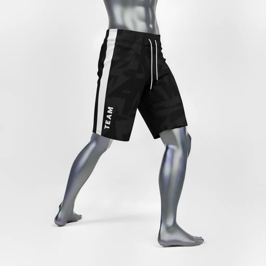Custom Wrestling Board Style Fight Shorts - Black, White - Panel - Side View - Kinexa Sportswear